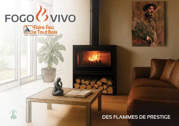 Salon moderne avec poêle à bois allumé, bûches, table basse, plante, canapé et décoration murale ; publicité Fogo Vivo