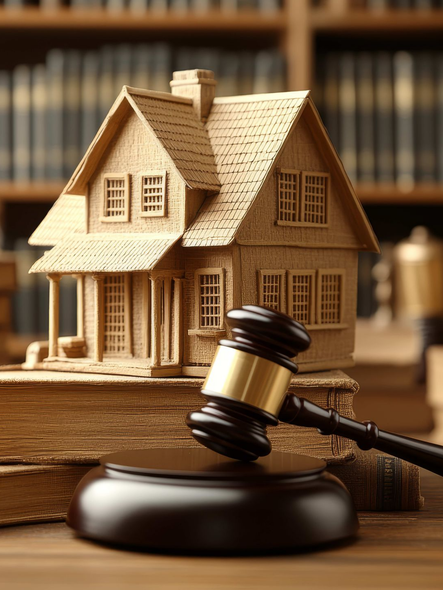 Une maison en bois avec un marteau de la justice