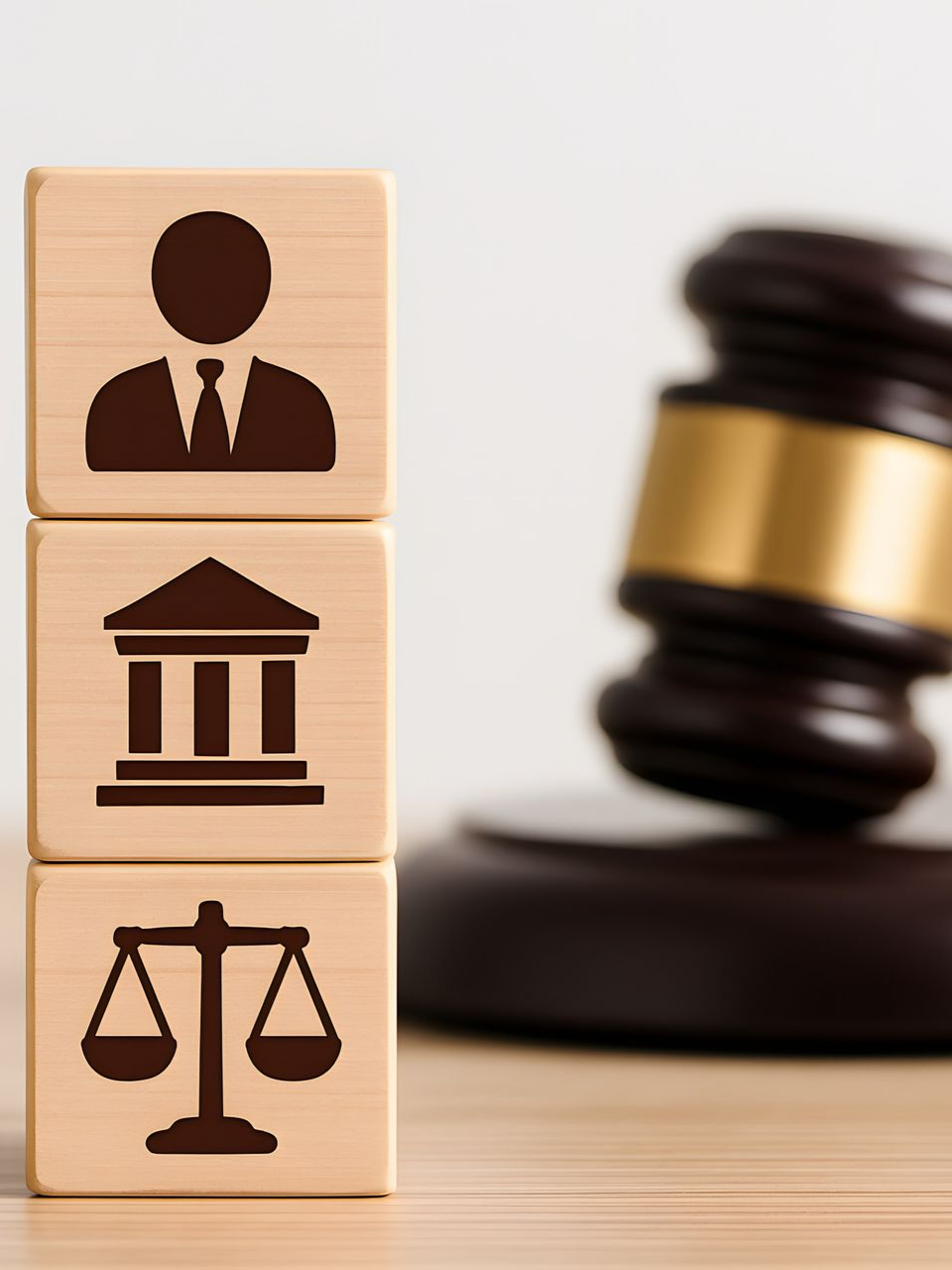 3 icônes en bois en rapport au droit