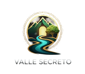 Logotipo de Valle Secreto, con montaña, arco y agua en tonos turquesa y plata.