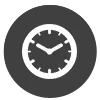 Un reloj blanco en un círculo negro sobre un fondo blanco.