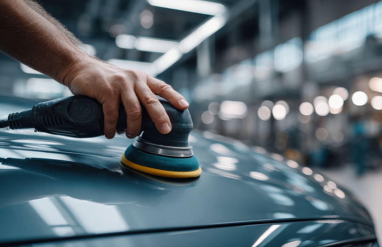 Un homme polit une portière de voiture noire avec une polisseuse électrique près d'une roue, à l'intérieur.