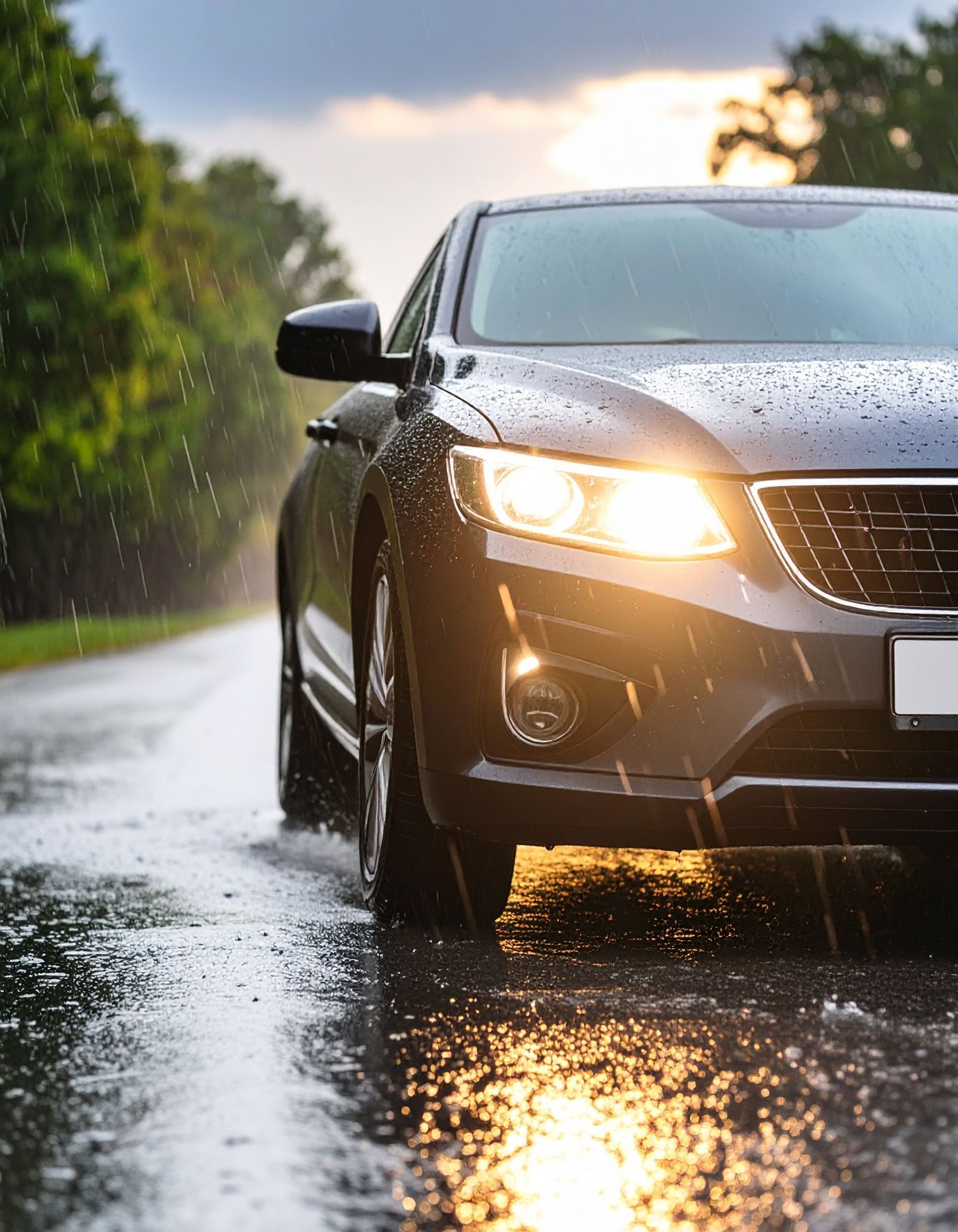 Voiture grise roulant sur une route mouillée sous la pluie, phares allumés.