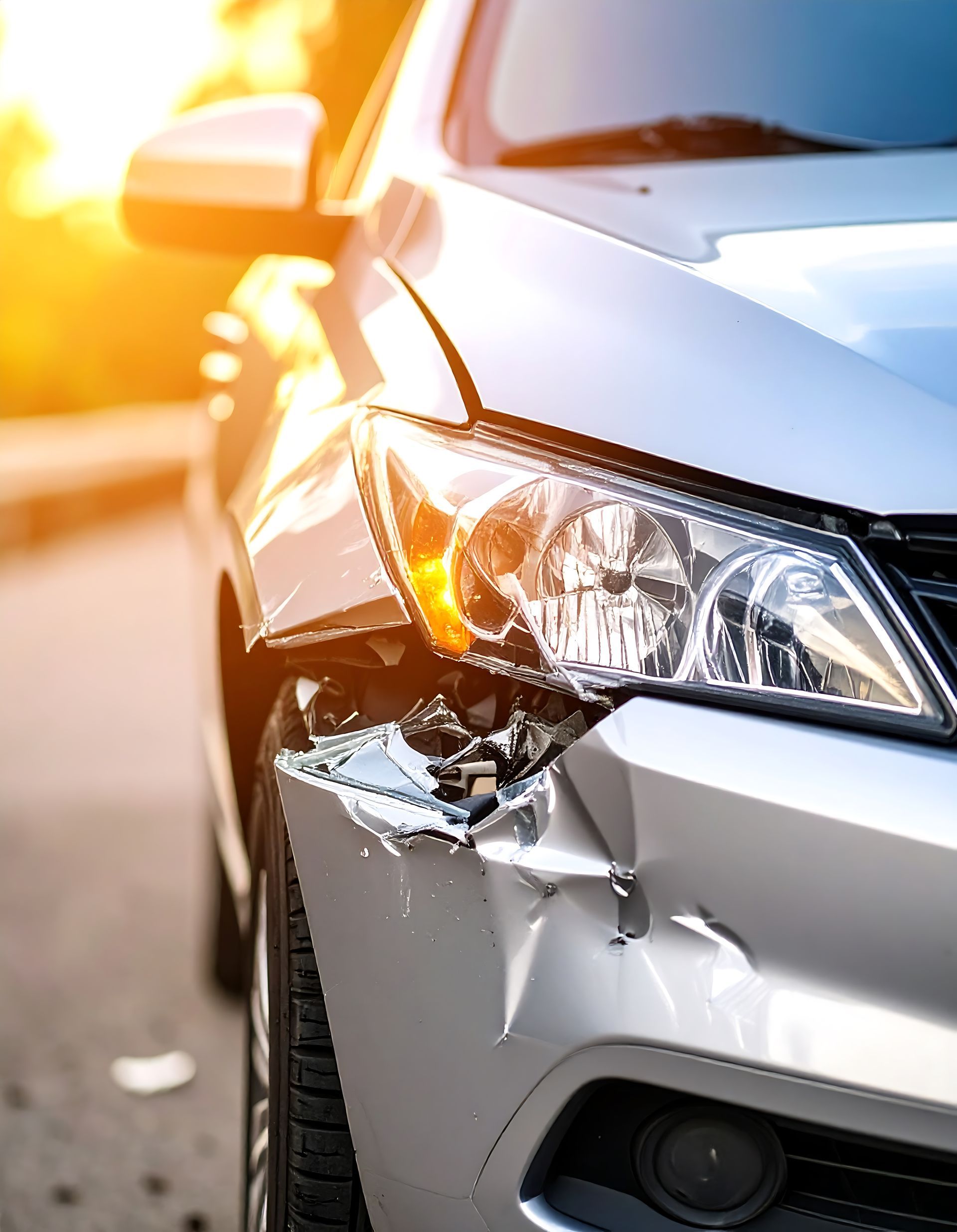 Voiture argentée avec un pare-chocs froissé et un phare cassé.