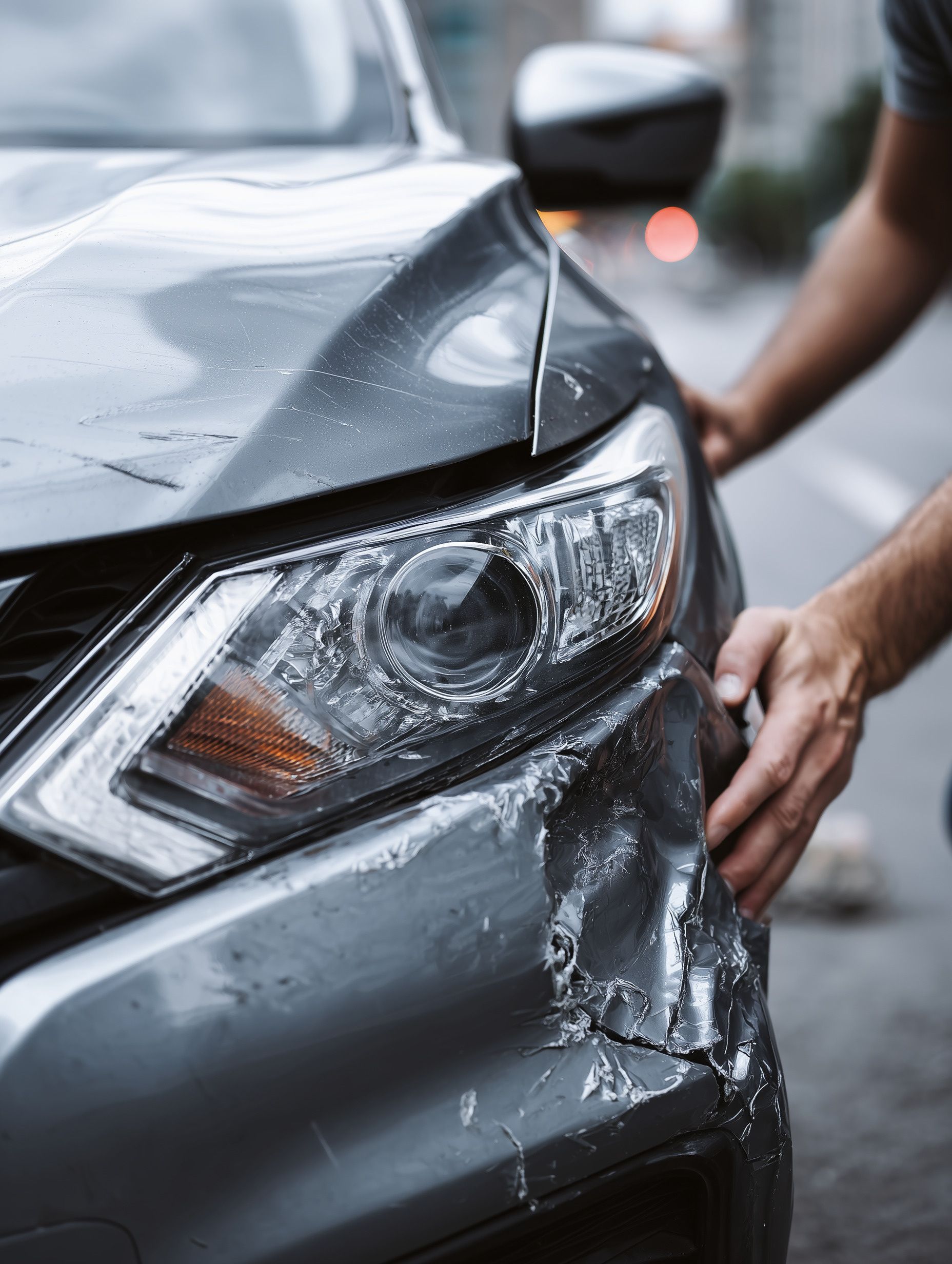 Pare-chocs de voiture gris endommagé. Les mains d'une personne touchent l'avant froissé. Arrière-plan de la rue.