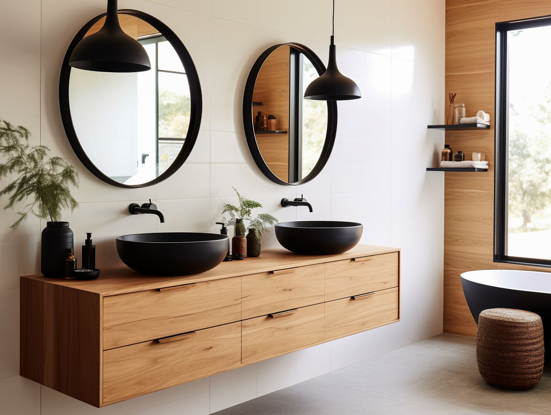 Meuble avec double vasque en bois et matériau noir