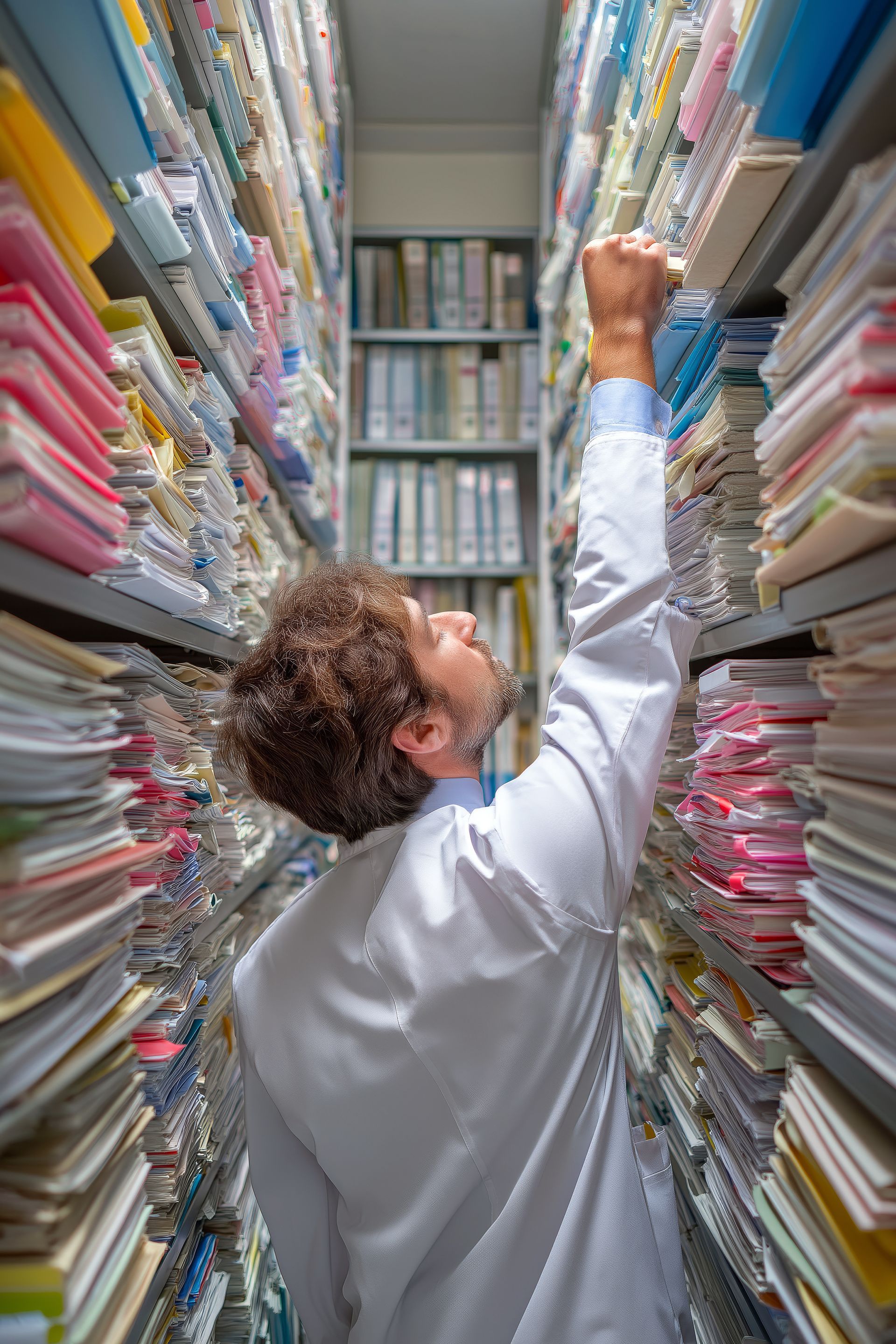 Archiviste entouré de dossiers