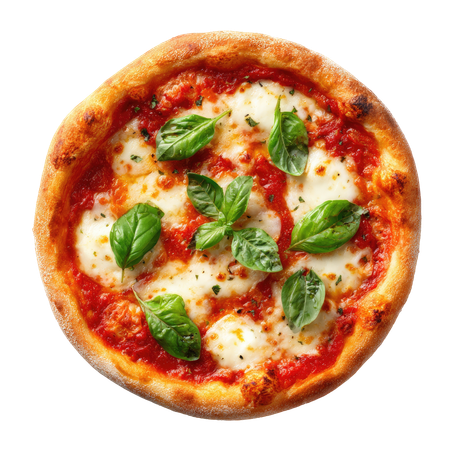 Pizza Margherita, garnie de mozzarella, de sauce tomate et de basilic.
