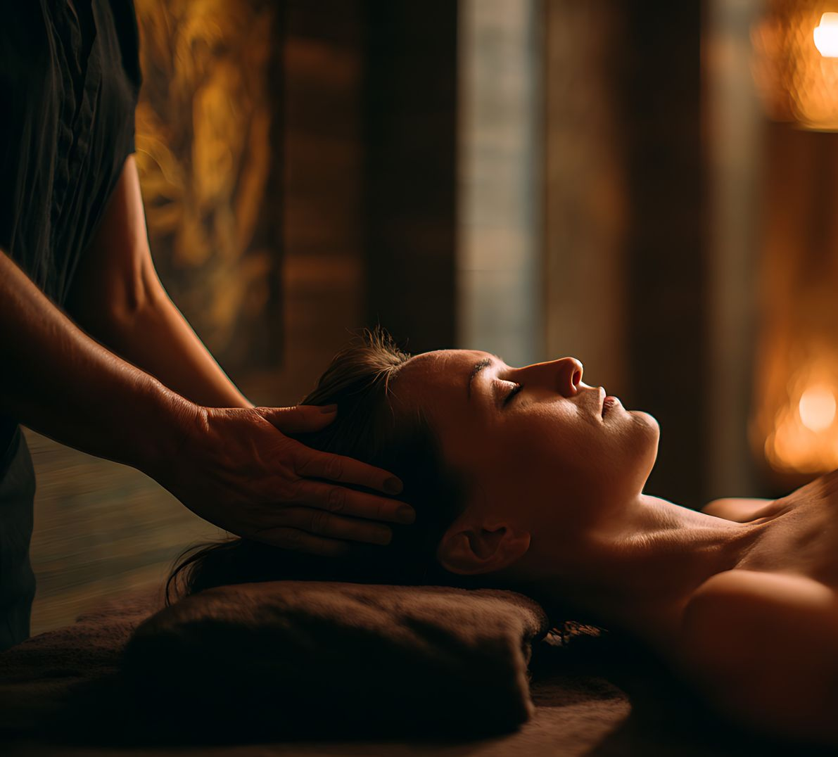 Une personne reçoit un massage crânien relaxant dans un spa à l'éclairage tamisé et aux tons chauds.