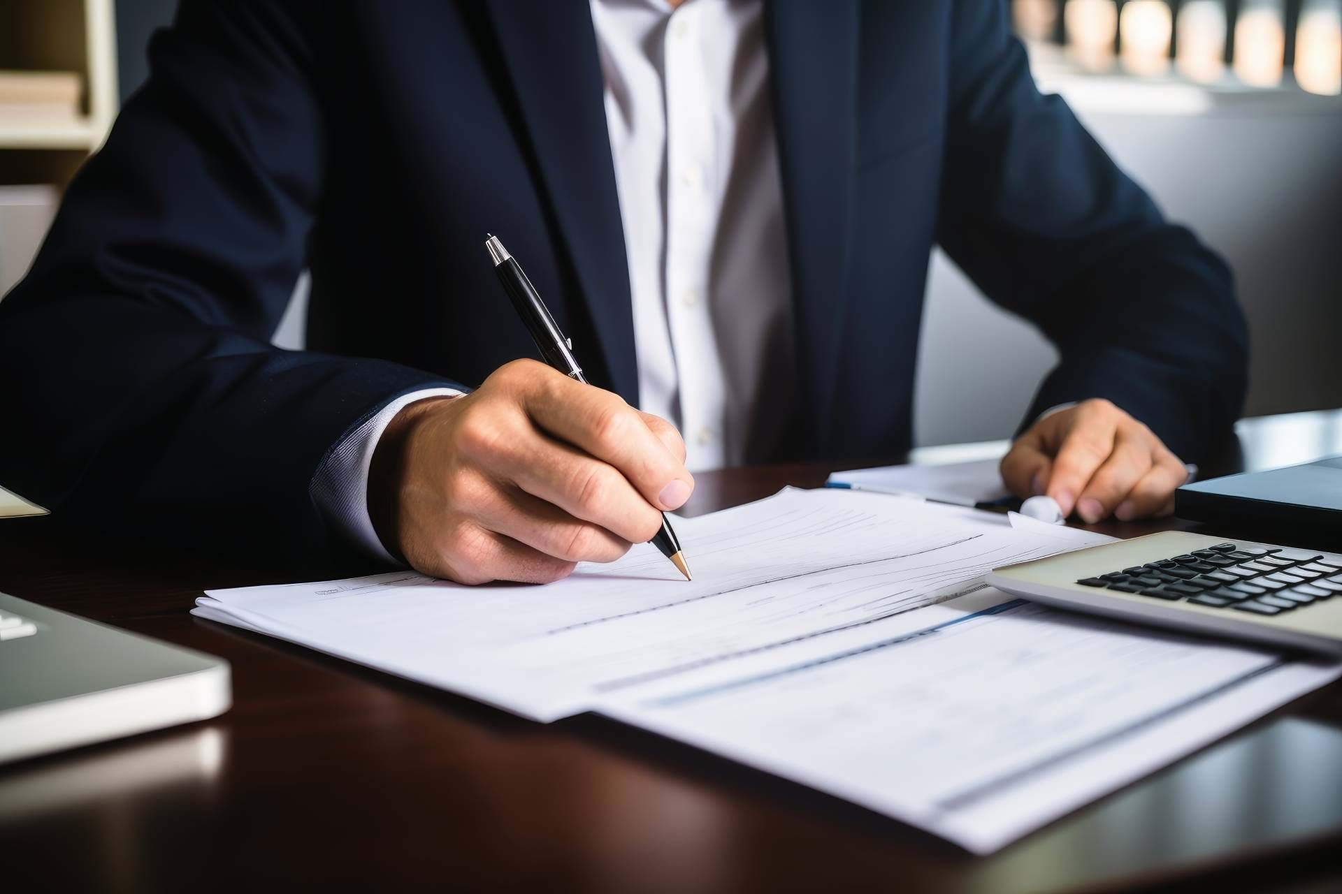 Eine Person im Anzug schreibt an einem Schreibtisch auf Papier; ein Laptop steht daneben.