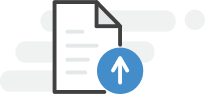 Ícone de upload de documento. Um arquivo está conectado a um círculo azul com uma seta branca apontando para cima.