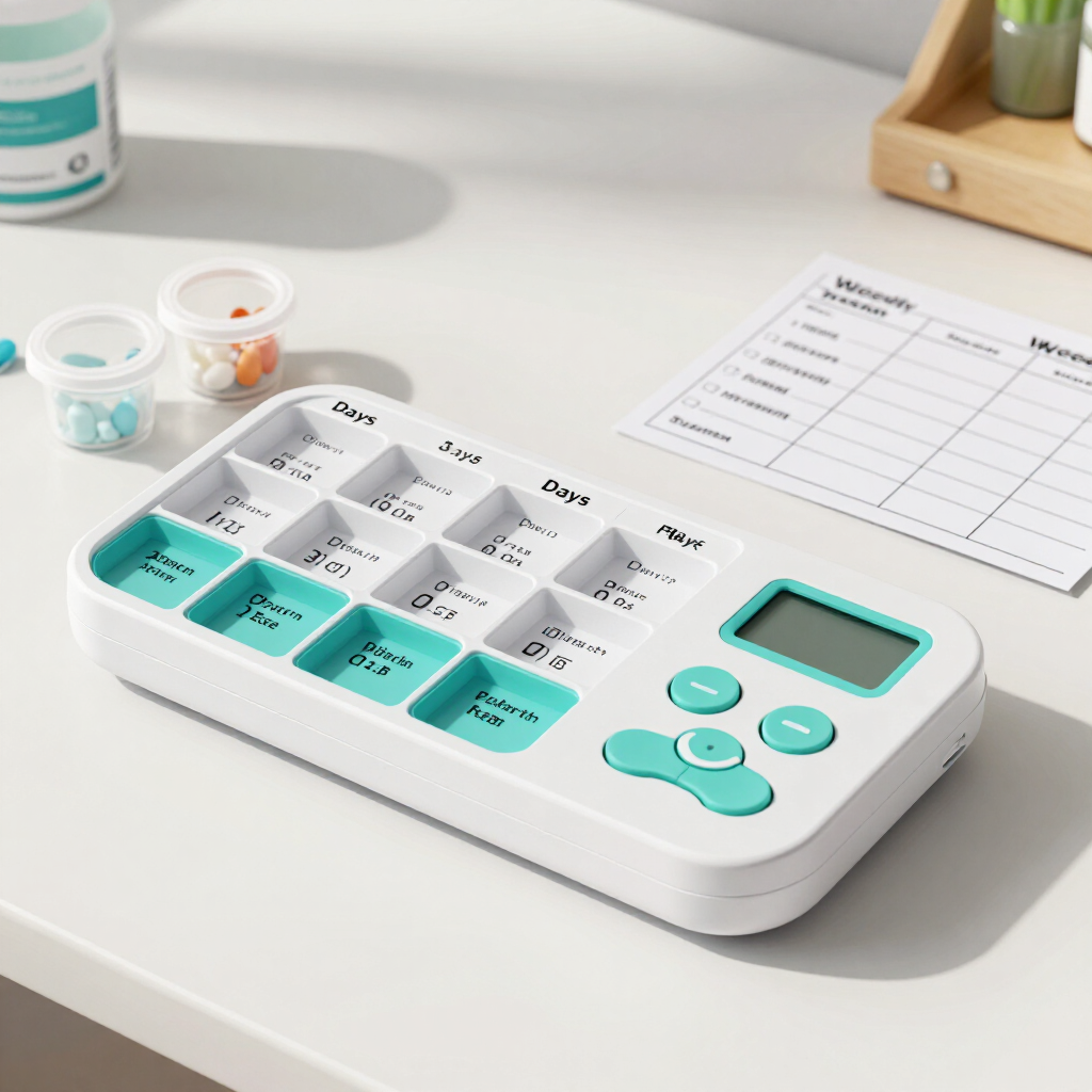 Organizador semanal de pastillas color turquesa sobre un escritorio luminoso, junto a pequeños vasitos para medicamentos y una hoja con el horario de medicación