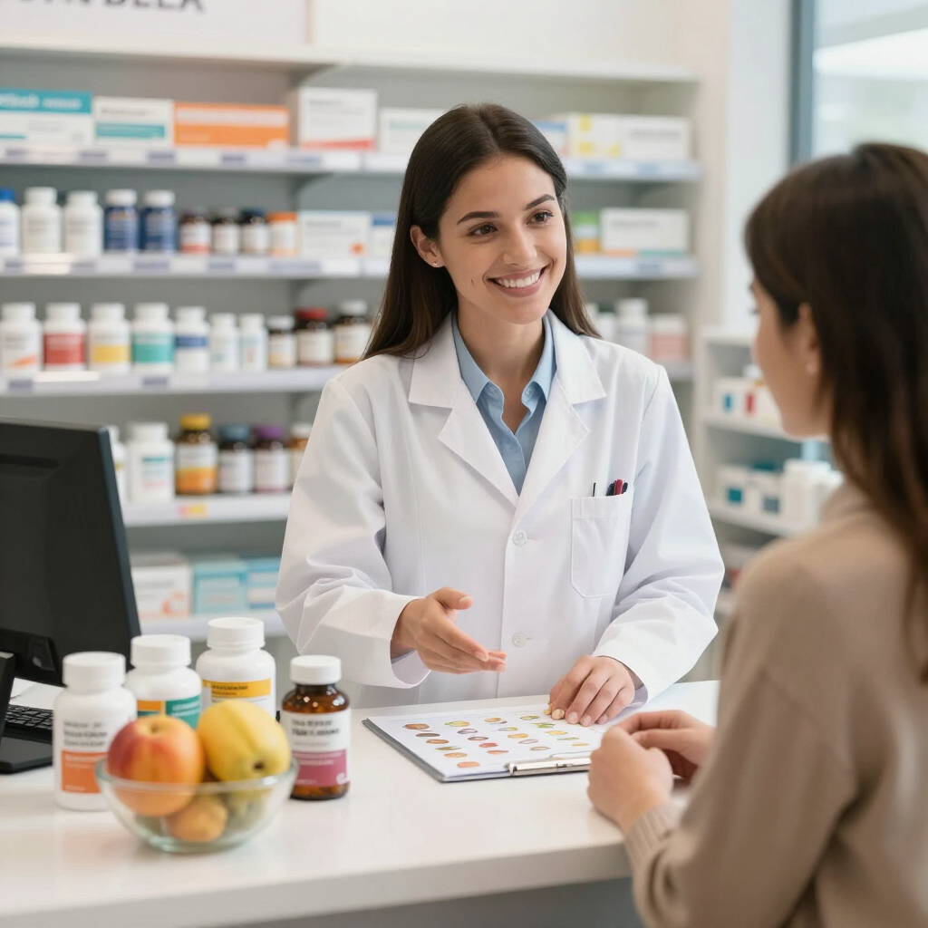 Un farmacéutico atendiendo a un cliente en el mostrador de una farmacia, con frascos de medicamentos y un frutero cerca