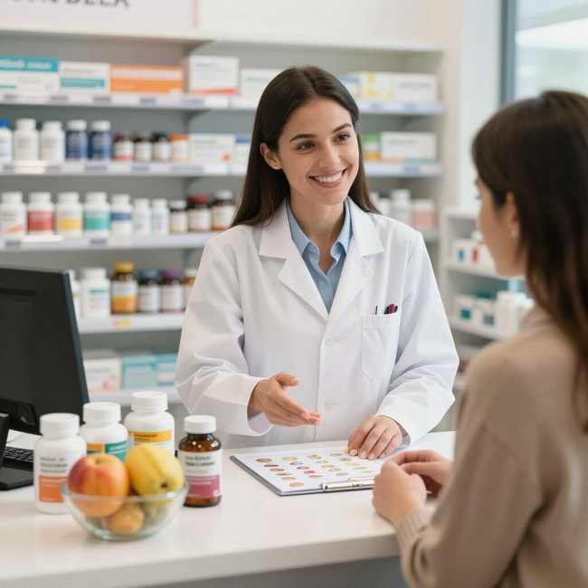Un farmacéutico atendiendo a un cliente en el mostrador de una farmacia, con frascos de medicamentos y un frutero cerca