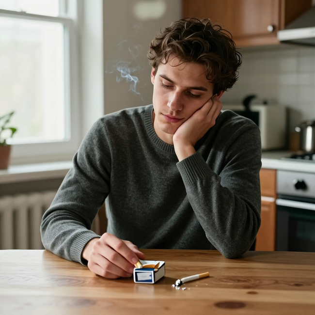 Persona sentada a la mesa de la cocina, junto a un paquete de cigarrillos y un encendedor, con gesto pensativo