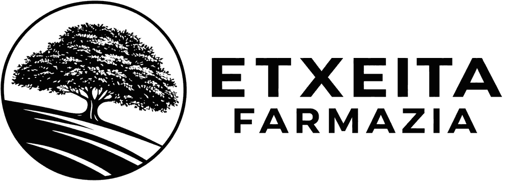 Logotipo de Etxeita Farmazia con un &aacute;rbol negro dentro de un c&iacute;rculo y texto negro en negrita sobre fondo blanco