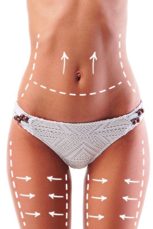 El torso de una mujer con flechas apuntando hacia arriba y hacia abajo.