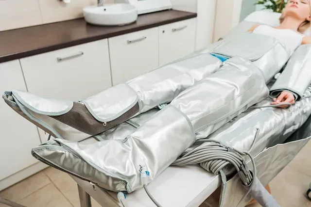 Una mujer está acostada en una cama recibiendo un tratamiento de drenaje linfático.