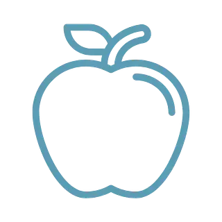 Un dibujo de línea azul de una manzana con una hoja sobre un fondo blanco.