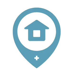 Un pin azul con un icono de casa y un signo más.