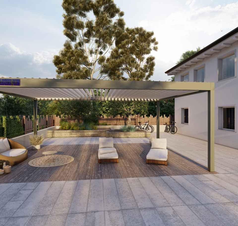 pergola à lames ouvertes sur terrasse bois