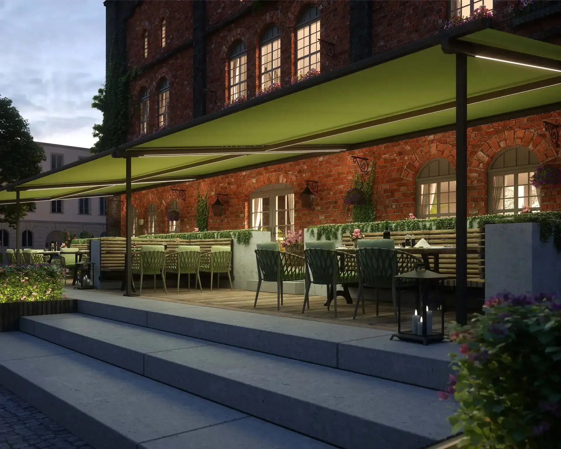 grand stores bannes vert sur structure