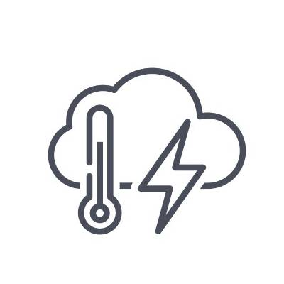 Un icono de línea de una nube con un rayo y un termómetro.