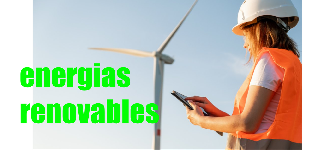 Una mujer mira una tableta delante de una turbina eólica.
