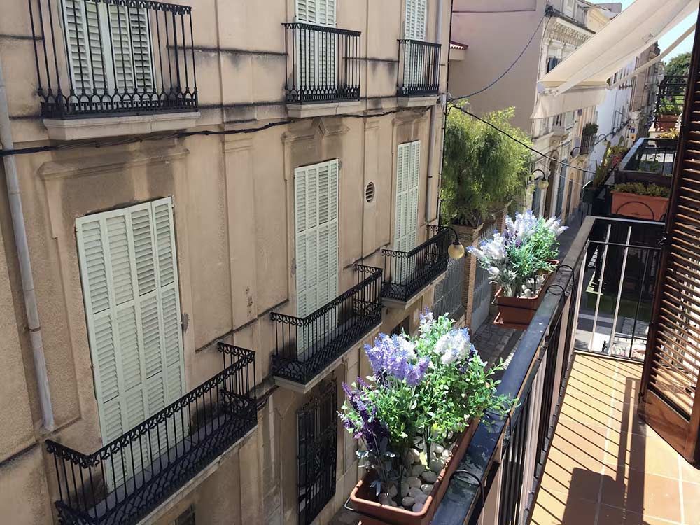 Balcón estrecho de un apartamento con macetas de flores moradas, barandillas negras y ventanas con contraventanas beige.