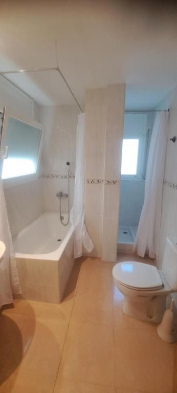 Baño pequeño con bañera, inodoro, ducha y suelo de imitación madera, visto a través de una puerta.
