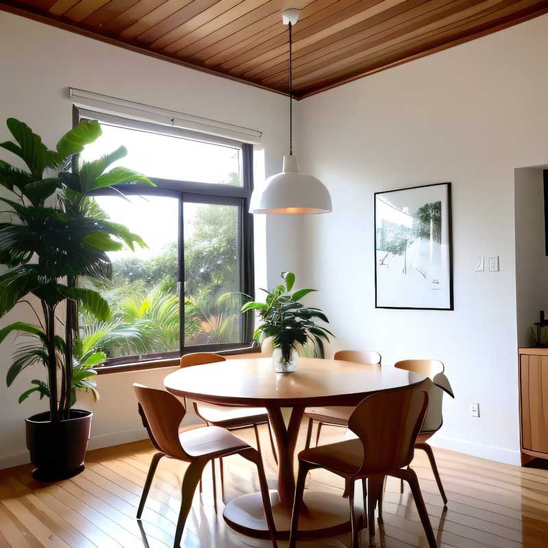 Comedor con mesa redonda de madera, sillas y plantas en macetas cerca de una ventana.