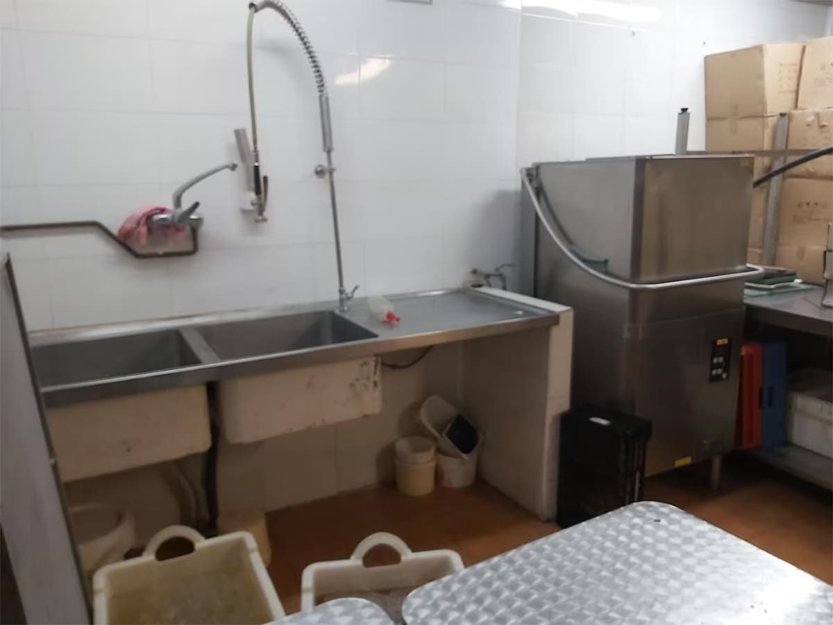 Fregadero de cocina comercial de acero inoxidable con boquilla rociadora. Lavavajillas a la derecha, paredes blancas.