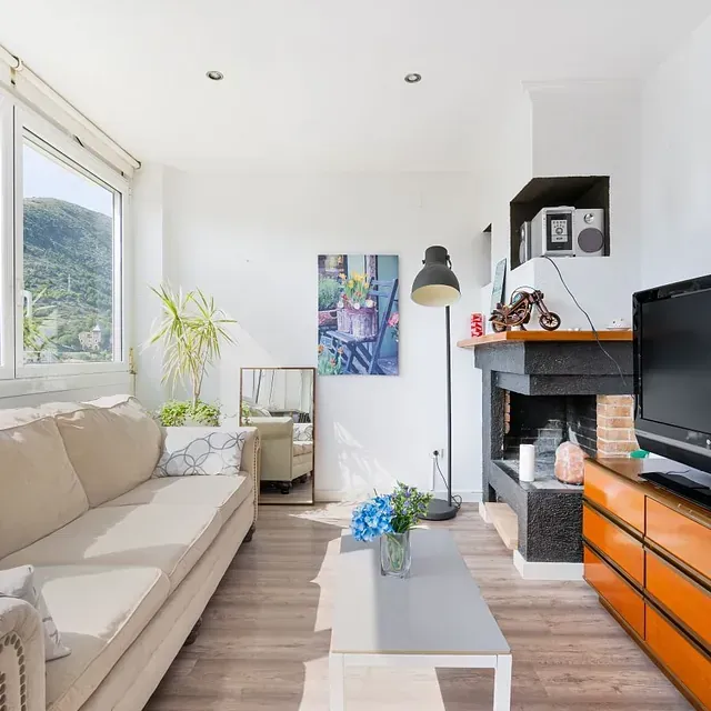 Una sala de estar con un sofá y un televisor