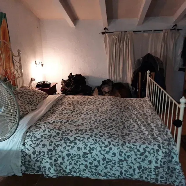 Un dormitorio con una cama grande y un ventilador.