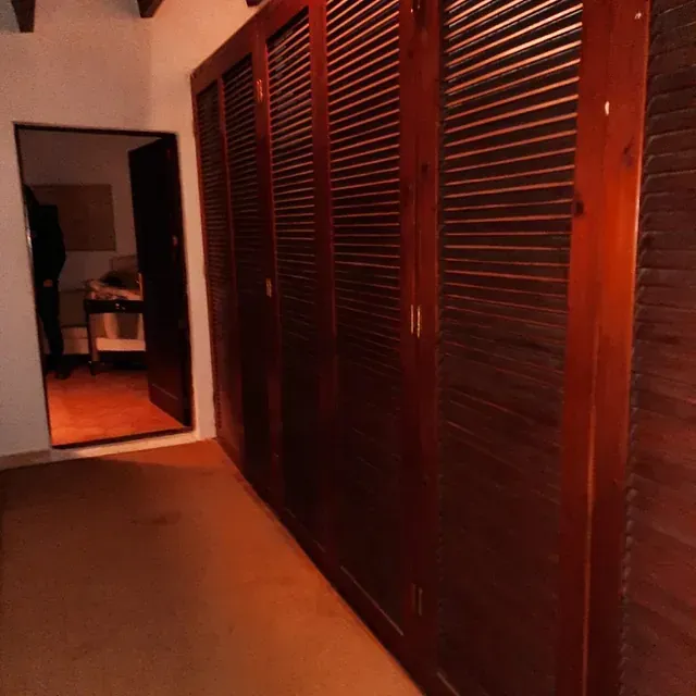 Un pasillo con muchas puertas y contraventanas de madera.