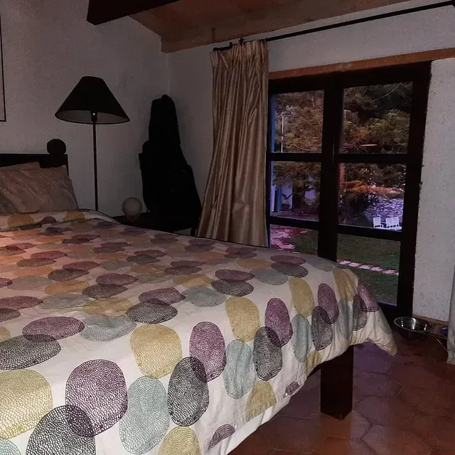 Una cama con un edredón de lunares en un dormitorio.