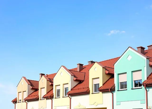 Una hilera de casas coloridas con techos rojos contra un cielo azul.