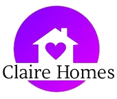 Un logotipo para Claire Homes con una casa y un corazón en un círculo morado.