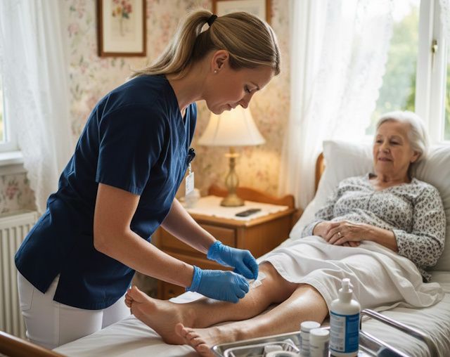 Eine Pflegekraft hilft einer älteren Frau