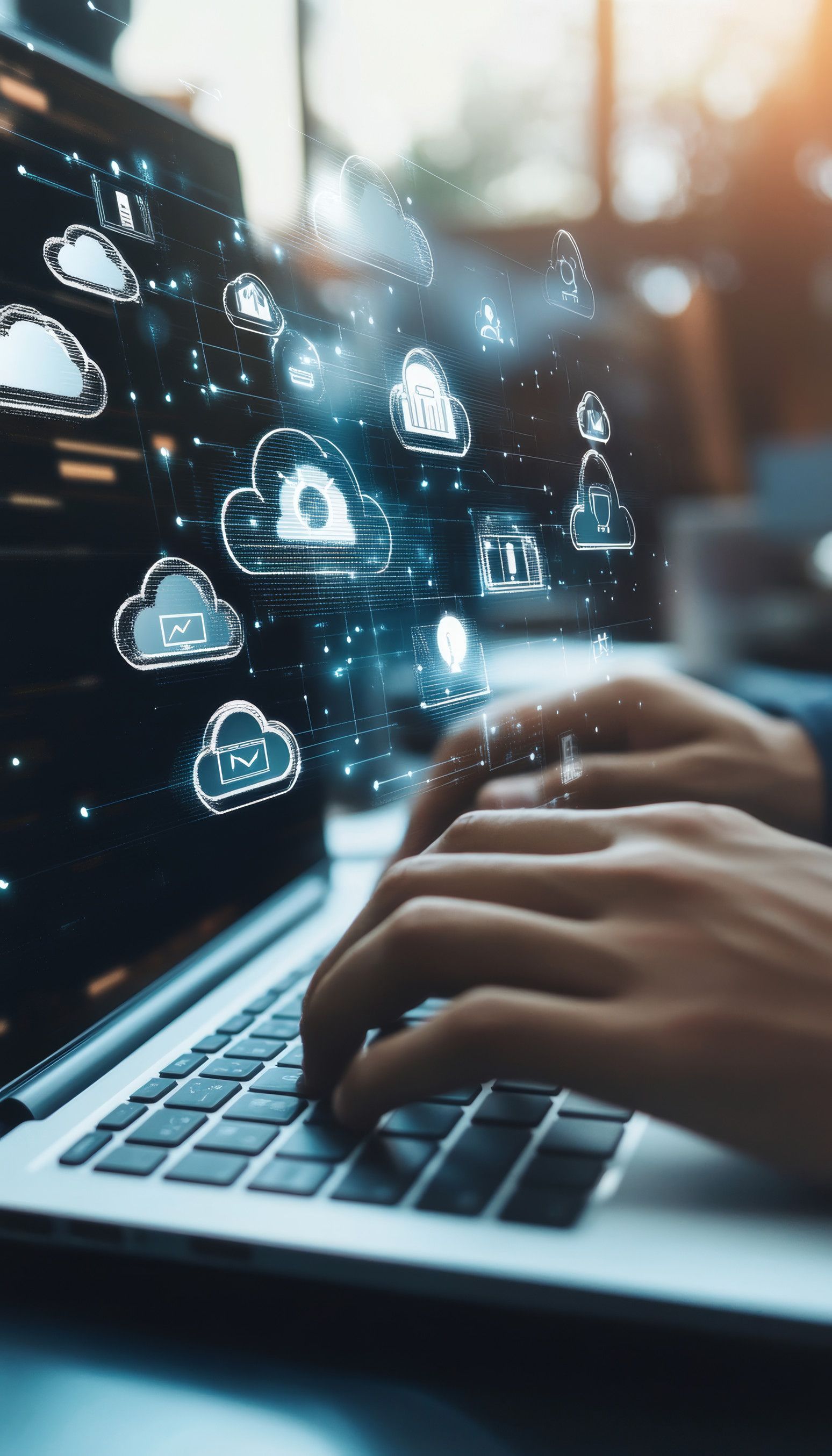 Una persona está escribiendo en una computadora portátil con nubes saliendo de la pantalla.
