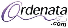 La palabra "Ordenata" en fuente negra, con una "Q" morada con forma de cable de ratón de ordenador que termina en un icono de ratón, y ".com".