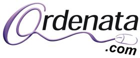 La palabra "Ordenata" en fuente negra, con una "Q" morada con forma de cable de ratón de ordenador que termina en un icono de ratón, y ".com".