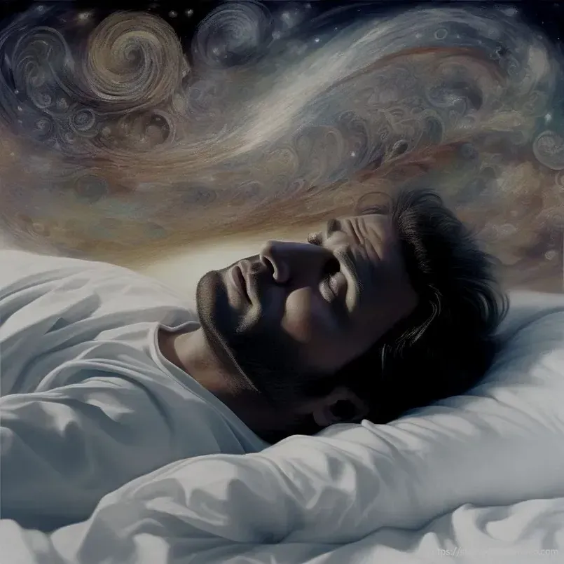 Una pintura de un hombre acostado en una cama con un remolino en el fondo.