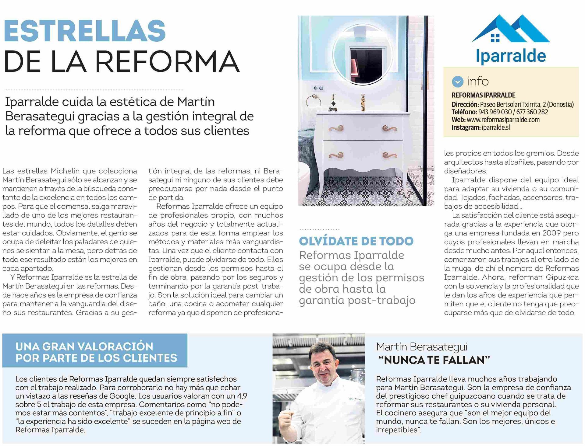 Artículo con texto y fotos sobre reformas, que incluye un logotipo, una cocina y un hombre sonriente.