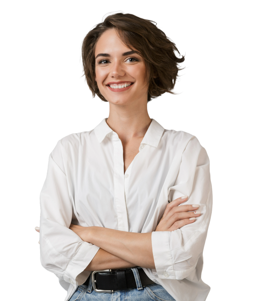 Une jeune femme avec les bras croisés.