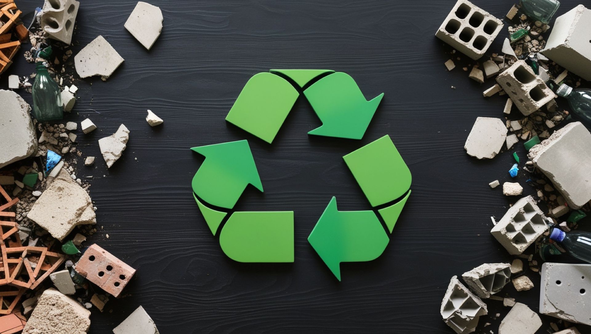 Signe de recyclage avec des gravats sur les côtés.