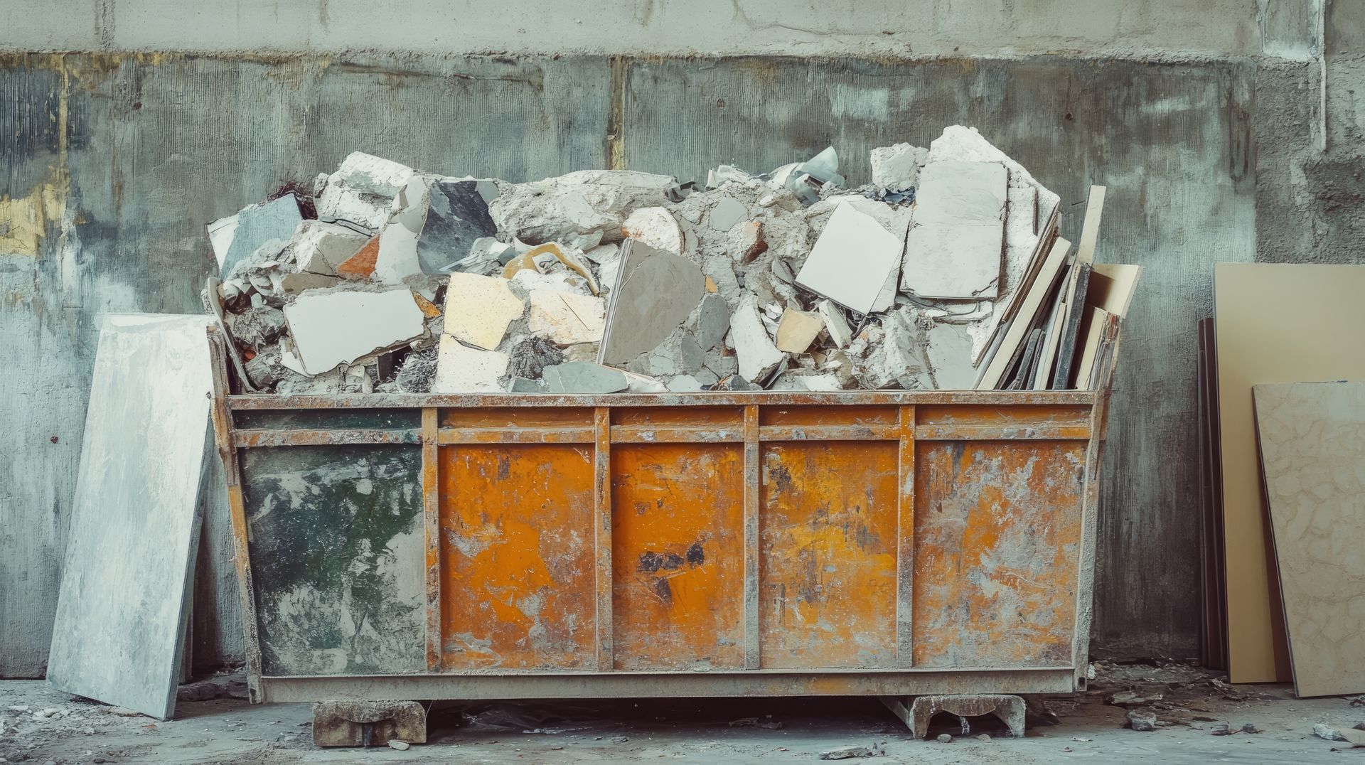 Benne jaune avec des gravats.