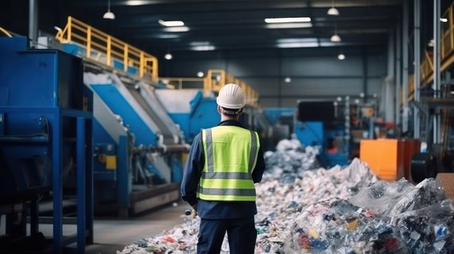 Un professionnel devant des déchets inertes dans un centre de tri.