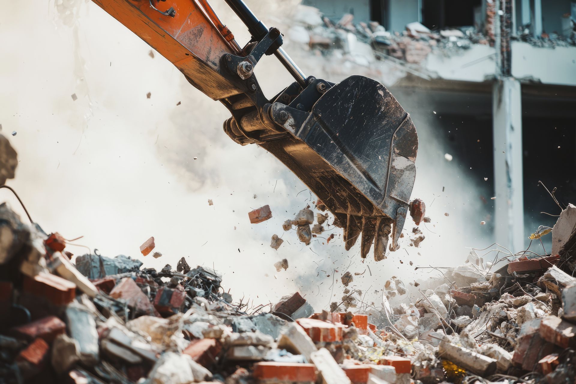 Une pelle qui ramasse les gravats sur un chantier.
