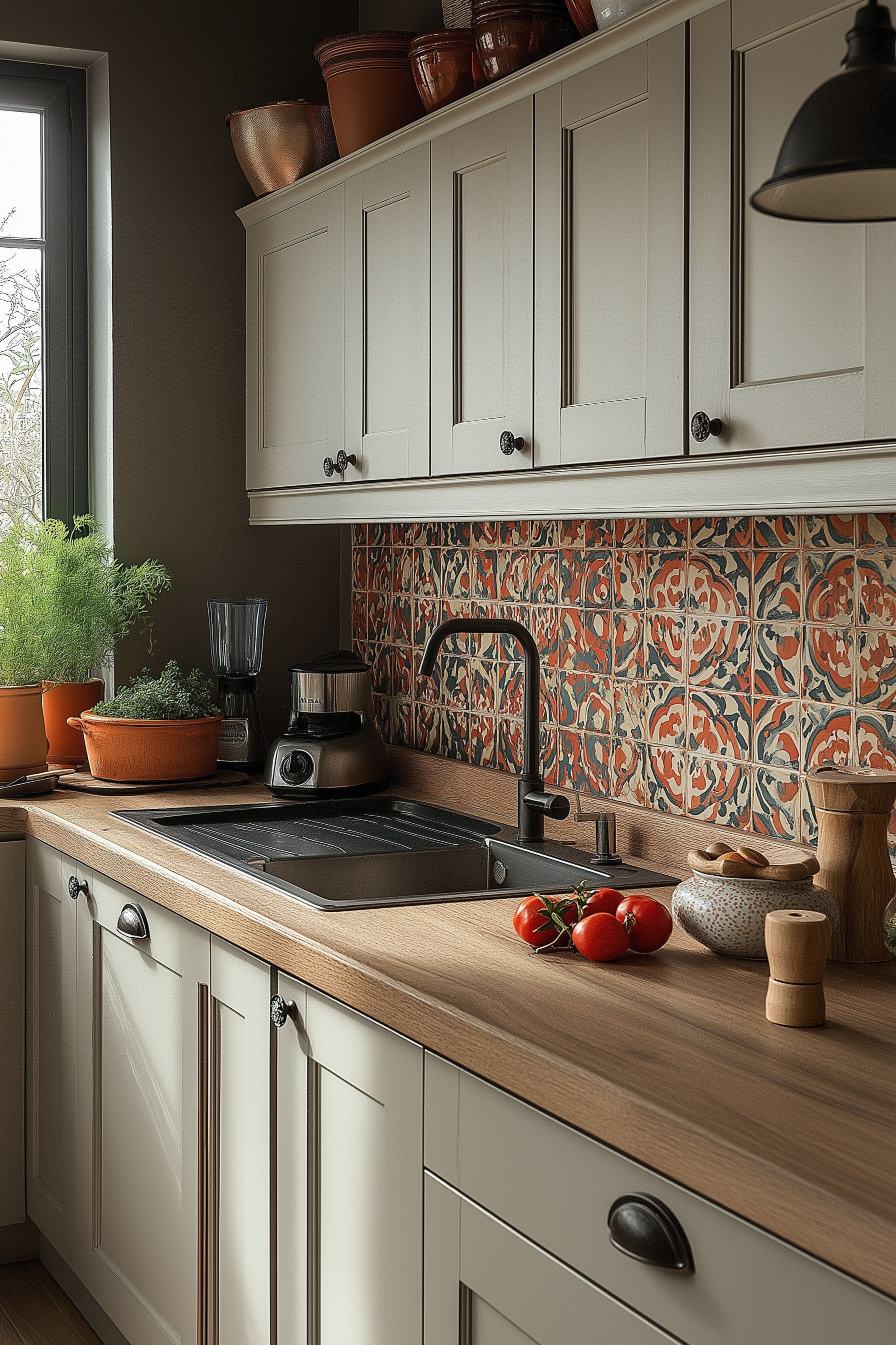 Cuisine avec armoires gris clair, dosseret à motifs et comptoirs en bois.